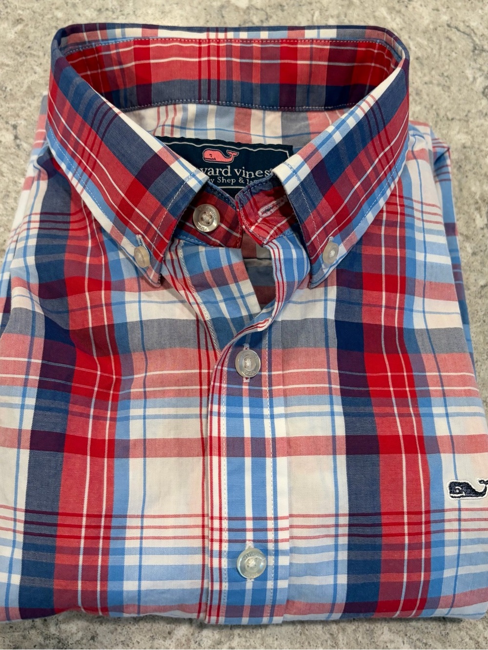 Vineyard Vines Boys Red, Blue & White Plaid Button-Down Shirt-XL(18)